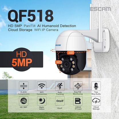 ESCAM QF518 5MP Smart WiFi IP Camera, Support AI Humanoid Detection / Auto Tracking / Dual Light Night Vision / Cloud Storage / Two Way Audio / TF Card, Plug:AU Plug(White) - Security by ESCAM | Online Shopping UK | buy2fix