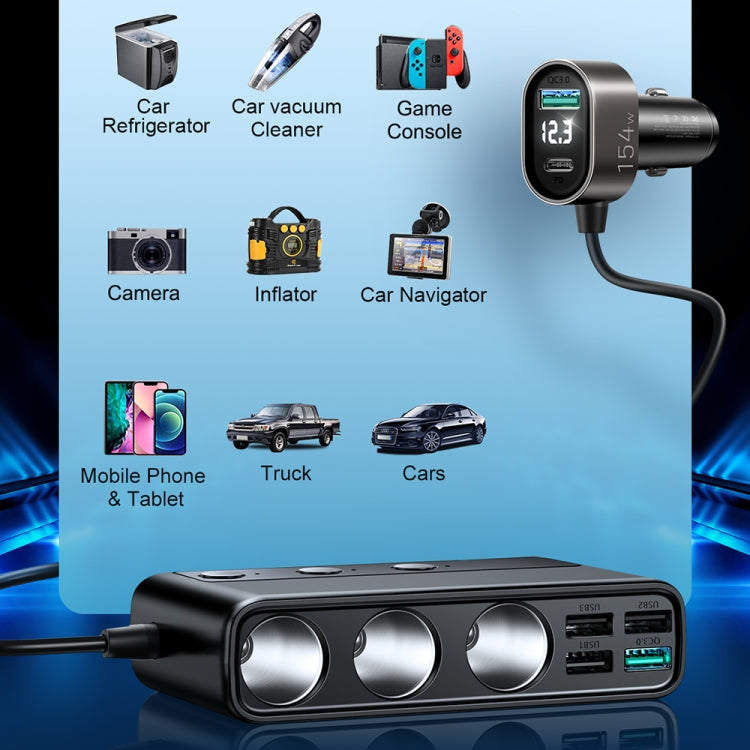 JOYROOM JR-CL06 9 in 1 154W PD USB-C / Type-C + Dual QC3.0 USB + 3 USB + 3 Cigarette Lighter Holes Digital Display Car Charger (Black) - Car Charger by JOYROOM | Online Shopping UK | buy2fix