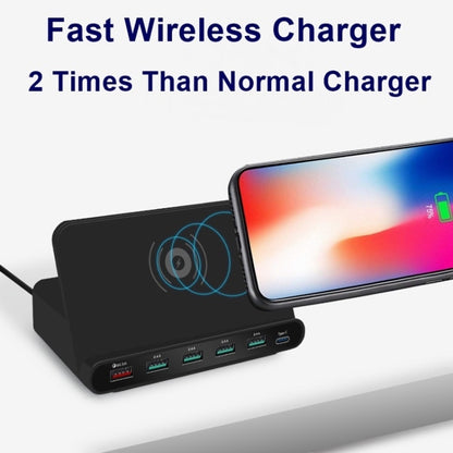 828W 7 in 1 60W QC 3.0 USB Interface + 4 USB Ports + USB-C / Type-C Interface + Wireless Charging Multi-function Charger with Mobile Phone Holder Function, US Plug(Black) - Multifunction Charger by buy2fix | Online Shopping UK | buy2fix