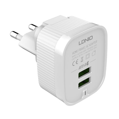 LDNIO A201 2.4A Dual USB Charging Head Travel Direct Charge Mobile Phone Adapter Charger With 8 Pin Data Cable(EU Plug) - USB Charger by LDNIO | Online Shopping UK | buy2fix