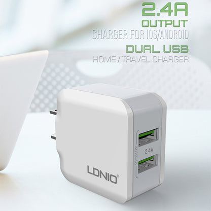 LDNIO A2201 2.4A Dual USB Charging Head Travel Direct Charge Mobile Phone Adapter Charger With 8 Pin Data Cable(EU Plug) - USB Charger by LDNIO | Online Shopping UK | buy2fix