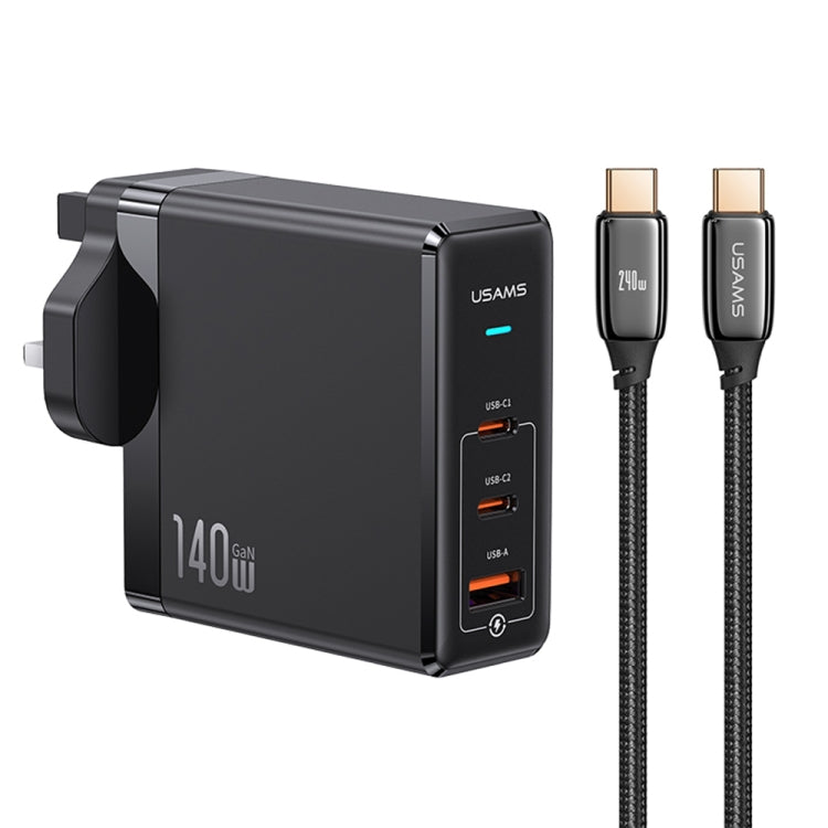 USAMS US-SJ581 T53 3 in 1 140W 3 USB Interfaces GaN Fast Charger Set, UK Plug (Black) - USB Charger by USAMS | Online Shopping UK | buy2fix