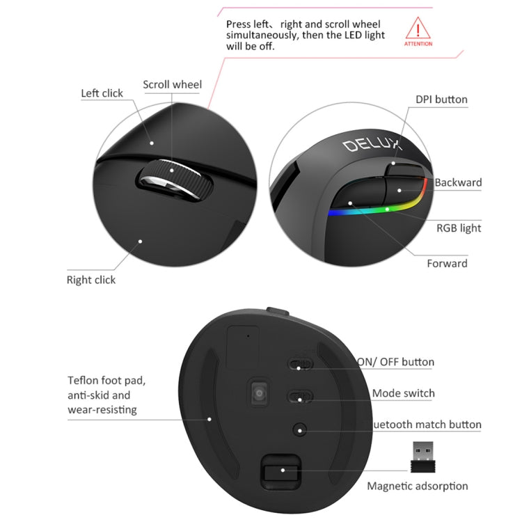 DELUX M618 Mini 2.4G Wireless 2400DPI USB Rechargeable Ergonomic Vertical Mouse(Grey) - Wireless Mice by DELUX | Online Shopping UK | buy2fix