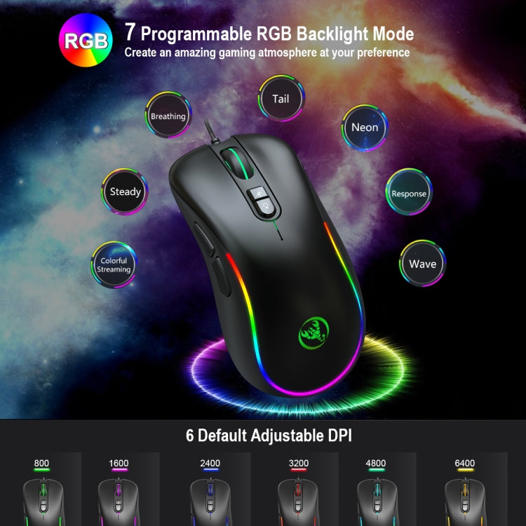 HXSJ J300 7 Keys RGB Lighting Programmable Gaming Wired Mouse(Black) - Wired Mice by HXSJ | Online Shopping UK | buy2fix