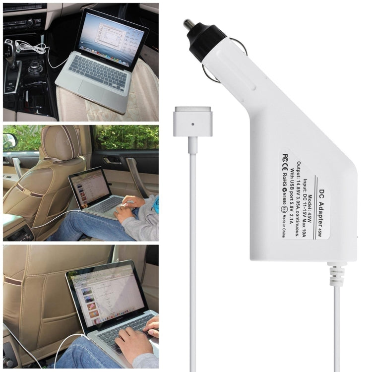 45W 14.85V 3.05A 5 Pin T Style MagSafe 2 Car Charger with 1 USB Port for Apple Macbook A1466 / A1436 / A1465 / A1435 / MD224 / MD231 / MD761 / MD711, Length: 1.7m(White) - Cable & Adapter by buy2fix | Online Shopping UK | buy2fix