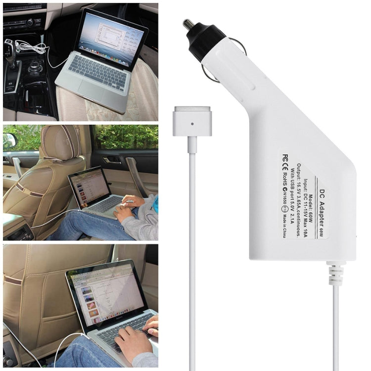 60W 16.5V 3.65A 5 Pin T Style MagSafe 2 Car Charger with 1 USB Port for Apple Macbook A1465 / A1502 / A1435 / MD212 / MD2123 / MD662, Length: 1.7m(White) - Cable & Adapter by buy2fix | Online Shopping UK | buy2fix