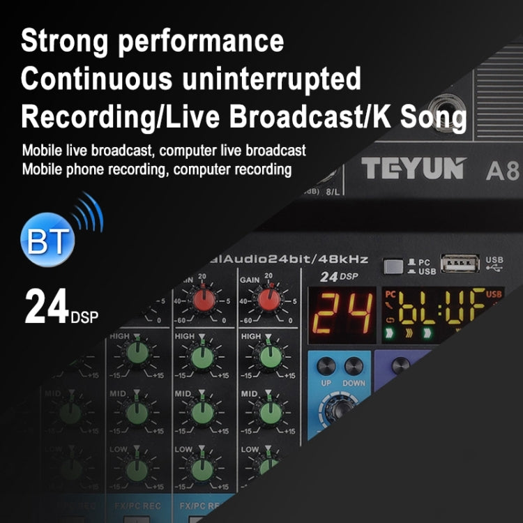 TEYUN NA8 8-channel Small Mixing Console Mobile Phone Sound Card Live Broadcast Computer Recording Console Processor, EU Plug(Black) - Consumer Electronics by TEYUN | Online Shopping UK | buy2fix
