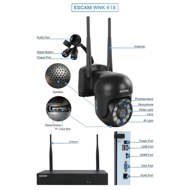 ESCAM WNK618 3.0 Million Pixels 8-channel Wireless Dome Camera HD NVR Security System, Support Motion Detection & Two-way Audio & Full-color Night Vision & TF Card, EU Plug - Security by ESCAM | Online Shopping UK | buy2fix