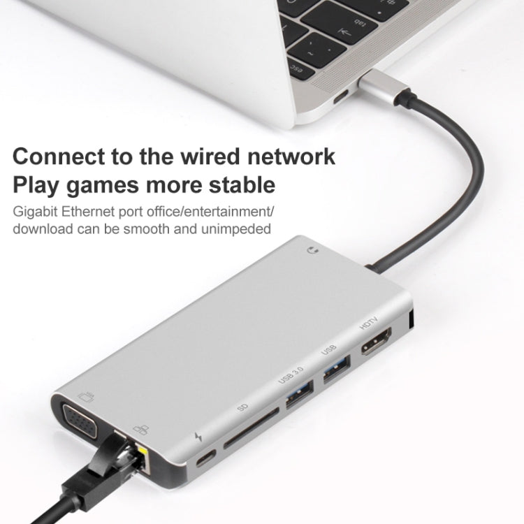 Onten 9591BD 8 in 1 USB-C / Type-C to PD USB-C / Type-C Charging + 100M Ethernet Port + Dual USB 3.0 + HDMI + VGA + SD Card Slot + 3.5mm AUX HUB (Silver) - USB HUB by Onten | Online Shopping UK | buy2fix