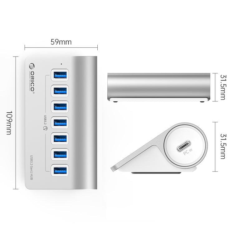 ORICO M3U7 Aluminum Alloy 7-Port USB 3.2 Gen1 5Gbps HUB with 0.5m Cable(Silver) -  by ORICO | Online Shopping UK | buy2fix
