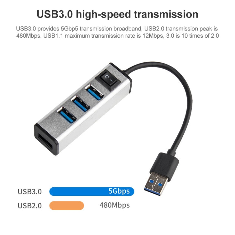 USB to 4 USB 3.0 Ports Aluminum Alloy HUB with Switch(Silver) - USB 3.0 HUB by buy2fix | Online Shopping UK | buy2fix