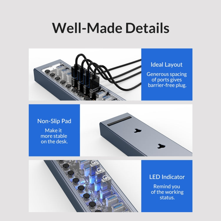 ORICO AT2U3-10AB-GY-BP 10 Ports USB 3.0 HUB with Individual Switches & Blue LED Indicator, US Plug - USB 3.0 HUB by ORICO | Online Shopping UK | buy2fix