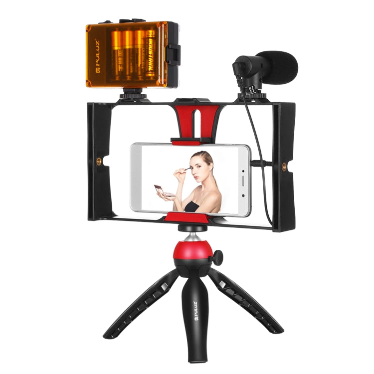 PULUZ 4 in 1 Vlogging Live Broadcast LED Selfie Light Smartphone Video Rig Kits with Microphone + Tripod Mount + Cold Shoe Tripod Head for iPhone, Galaxy, Huawei, Xiaomi, HTC, LG, Google, and Other Smartphones(Red) - Camera Cage by PULUZ | Online Shopping UK | buy2fix