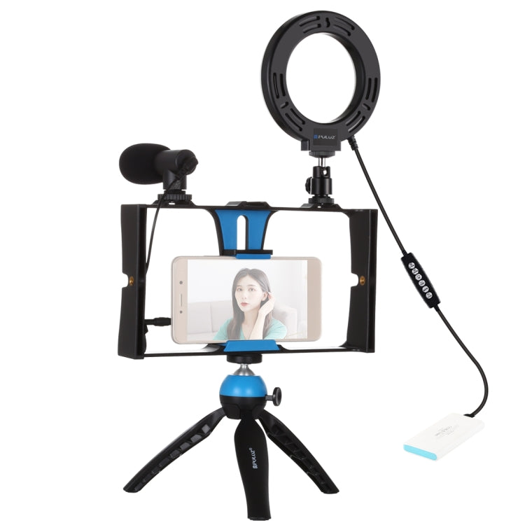 PULUZ 4 in 1 Vlogging Live Broadcast Smartphone Video Rig + 4.7 inch 12cm RGBW Ring LED Selfie Light + Microphone + Pocket Tripod Mount Kits with Cold Shoe Tripod Head(Blue) - Camera Accessories by PULUZ | Online Shopping UK | buy2fix