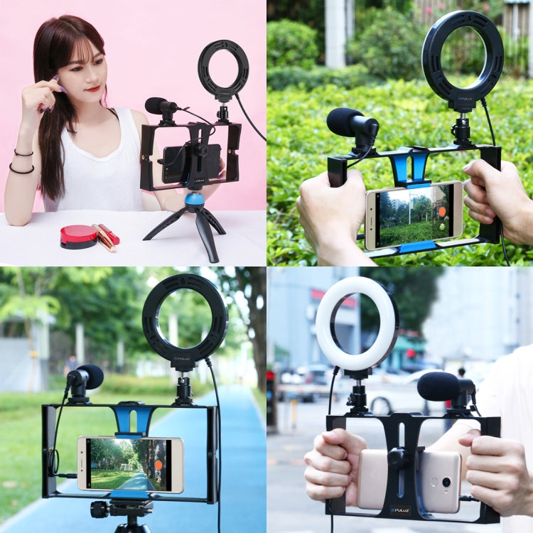 PULUZ 4 in 1 Vlogging Live Broadcast Smartphone Video Rig + 4.7 inch 12cm RGBW Ring LED Selfie Light + Microphone + Pocket Tripod Mount Kits with Cold Shoe Tripod Head(Blue) - Camera Accessories by PULUZ | Online Shopping UK | buy2fix