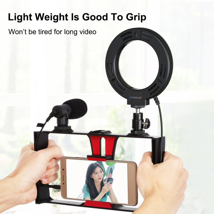PULUZ 4 in 1 Vlogging Live Broadcast Smartphone Video Rig + 4.7 inch 12cm RGBW Ring LED Selfie Light + Microphone + Pocket Tripod Mount Kits with Cold Shoe Tripod Head(Red) - Camera Accessories by PULUZ | Online Shopping UK | buy2fix