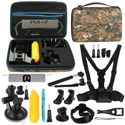 PULUZ 20 in 1 Accessories Combo Kit with Camouflage EVA Case (Chest Strap + Head Strap + Suction Cup Mount + 3-Way Pivot Arm + J-Hook Buckles + Extendable Monopod + Tripod Adapter + Bobber Hand Grip + ... /3 /2 /1, DJI Osmo Action and Other Action Cameras - DJI & GoPro Accessories by PULUZ | Online Shopping UK | buy2fix