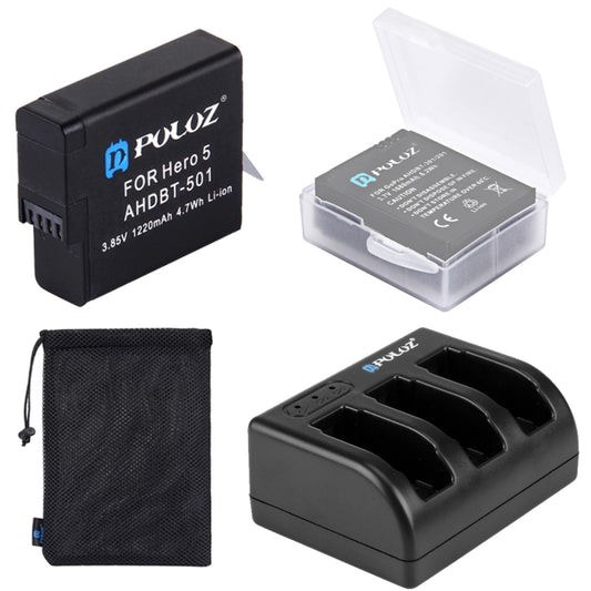 PULUZ 4 in 1 AHDBT-501 3.85V 1220mAh Battery + AHDBT-501 3-channel Battery Charger +  Mesh Storage Bag + Battery Storage Box Kits for GoPro HERO7 /6 /5 - DJI & GoPro Accessories by PULUZ | Online Shopping UK | buy2fix