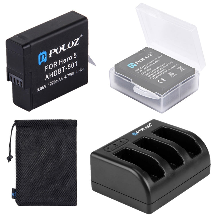 PULUZ 4 in 1 AHDBT-501 3.85V 1220mAh Battery + AHDBT-501 3-channel Battery Charger +  Mesh Storage Bag + Battery Storage Box Kits for GoPro HERO7 /6 /5 - DJI & GoPro Accessories by PULUZ | Online Shopping UK | buy2fix