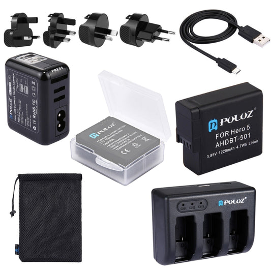 PULUZ 10 in 1 AHDBT-501 3.85V 1220mAh Battery + AHDBT-501 3-channel Battery Charger +  Mesh Storage Bag + Battery Storage Box + 2-Port USB 5V (2.1A + 2.1A) Wall Charger Kits for GoPro HERO7 /6 /5 - DJI & GoPro Accessories by PULUZ | Online Shopping UK | buy2fix
