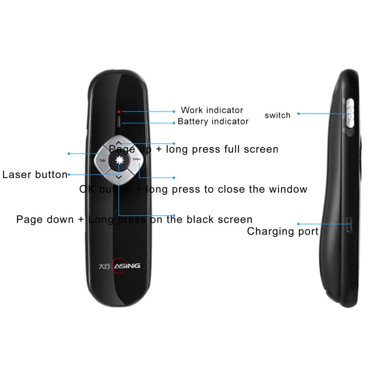 ASiNG A800 USB Charging 2.4GHz Wireless Presenter PowerPoint Clicker Representation Remote Control Pointer, Control Distance: 100m(White) -  by ASiNG | Online Shopping UK | buy2fix