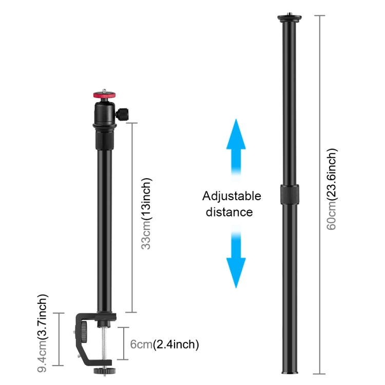 PULUZ C Clamp Mount Light Stand Extension Central Shaft Rod Monopod Holder Kits with Ball-Head, Rod Length: 33-60cm(Black) - Camera Accessories by PULUZ | Online Shopping UK | buy2fix