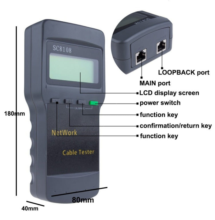 Portable Wireless Network cable Tester SC8108 LCD Digital PC Data Network CAT5 RJ45 LAN Phone Cable Tester Meter(Grey) - Lan Cable and Tools by buy2fix | Online Shopping UK | buy2fix