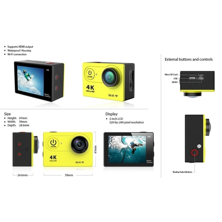 H9 4K Ultra HD1080P 12MP 2 inch LCD Screen WiFi Sports Camera, 170 Degrees Wide Angle Lens, 30m Waterproof(Black) - DJI & GoPro Accessories by buy2fix | Online Shopping UK | buy2fix