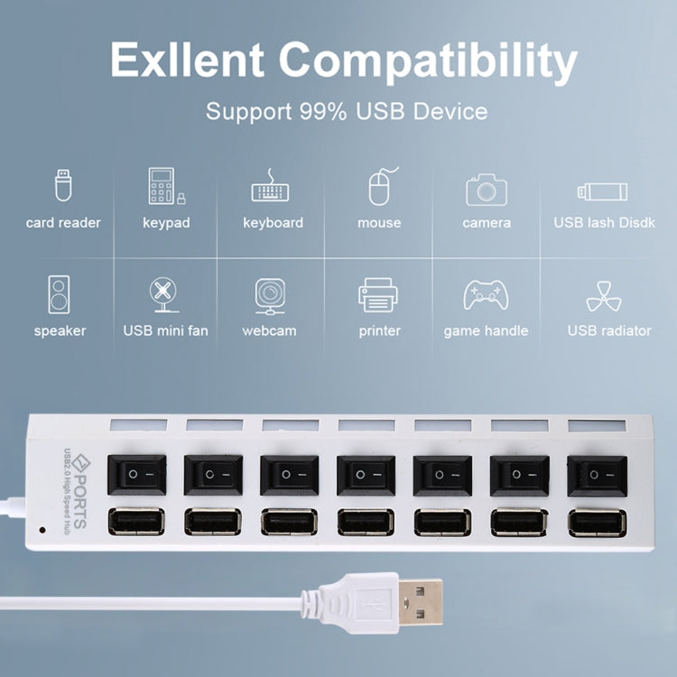 7 Ports USB Hub 2.0 USB Splitter High Speed 480Mbps with ON/OFF Switch / 7 LEDs(White) - USB 2.0 HUB by buy2fix | Online Shopping UK | buy2fix