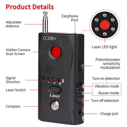 CC308+ Multi Wireless Camera Lens Detector Radio Wave Signal Detect Full-range RF GSM Device Finder(US Plug) - Security by buy2fix | Online Shopping UK | buy2fix