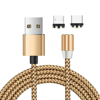 2 in 1 USB to Micro USB + USB-C / Type-C Magnetic Metal Connector Nylon Two-color Braided Magnetic Data Cable, Cable Length: 1m(Gold) - Mobile Accessories by buy2fix | Online Shopping UK | buy2fix