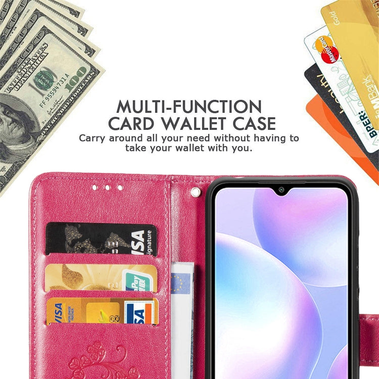 For Xiaomi Redmi 9A Four-leaf Clasp Embossed Buckle Horizontal Flip TPU + PU Leather Case with Lanyard & Card Slot & Wallet & Holder(Magenta) - Xiaomi Cases by buy2fix | Online Shopping UK | buy2fix