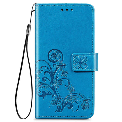 For Xiaomi Redmi 9A Four-leaf Clasp Embossed Buckle Horizontal Flip TPU + PU Leather Case with Lanyard & Card Slot & Wallet & Holder(Blue) - Xiaomi Cases by buy2fix | Online Shopping UK | buy2fix