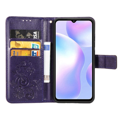 For Xiaomi Redmi 9A Four-leaf Clasp Embossed Buckle Horizontal Flip TPU + PU Leather Case with Lanyard & Card Slot & Wallet & Holder(Purple) - Xiaomi Cases by buy2fix | Online Shopping UK | buy2fix