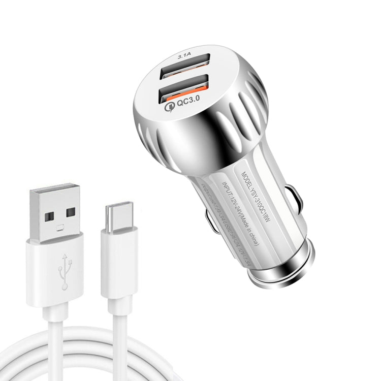 YSY-310QC18W QC3.0 Dual Port USB Car Charger + 3A USB to USB-C / Type-C Data Cable, Cable Length: 1m(White) - Car Charger by buy2fix | Online Shopping UK | buy2fix