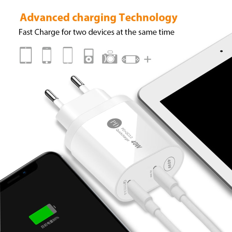 002 40W Dual Port PD USB-C / Type-C Fast Charger for iPhone / iPad Series, EU Plug(White) - Apple Accessories by buy2fix | Online Shopping UK | buy2fix