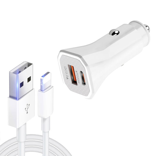 TE-P22 38W PD USB-C / Type-C + QC3. 0 USB Car Charger with 1m USB to 8 Pin Data Cable(White) - Car Charger by buy2fix | Online Shopping UK | buy2fix