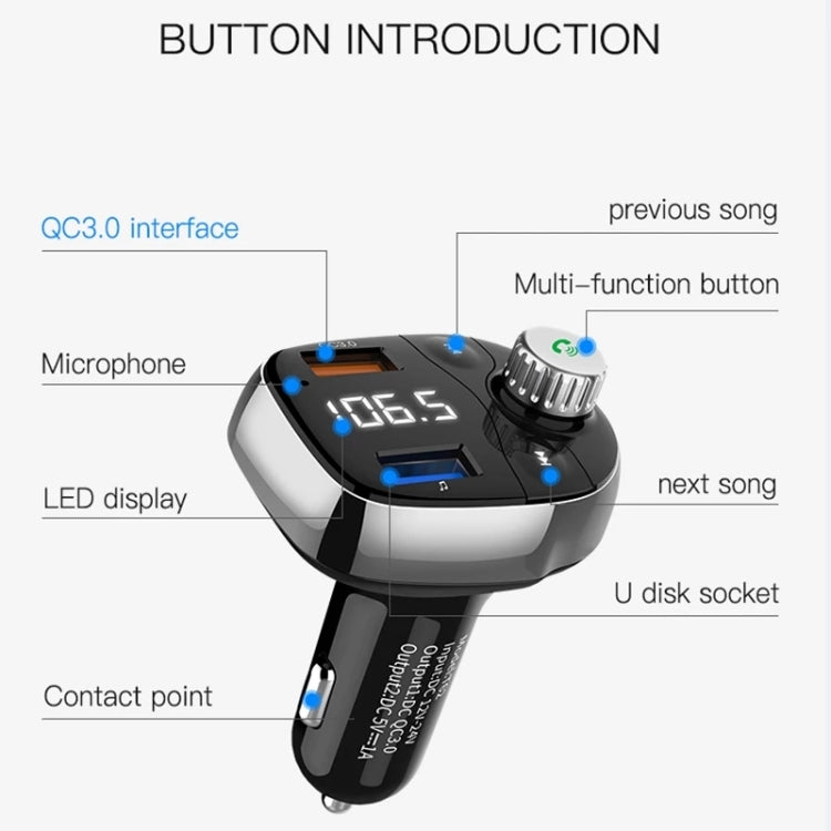 T62 Dual USB QC 3.0 Fast  Charger Bluetooth 5.0 Adapter MP3 Player Handsfree Car Kit FM Transmitter - In Car by buy2fix | Online Shopping UK | buy2fix