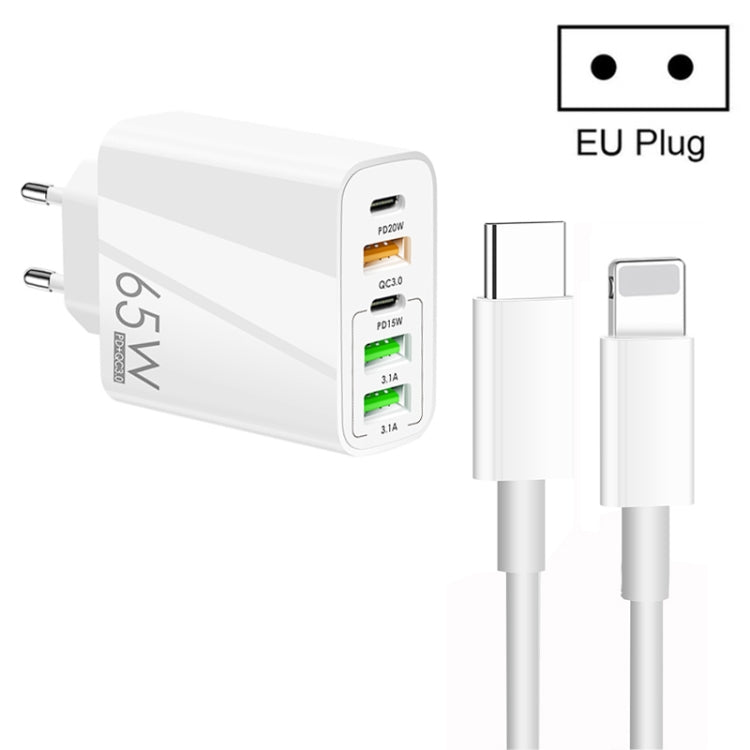 65W Dual PD Type-C + 3 x USB Multi Port Charger with 3A Type-C to 8 Pin Data Cable, EU Plug(White) - Apple Accessories by buy2fix | Online Shopping UK | buy2fix