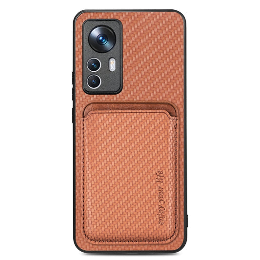 For Xiaomi 12T Carbon Fiber Leather Card Magsafe Phone Case(Brown) - Xiaomi Cases by buy2fix | Online Shopping UK | buy2fix