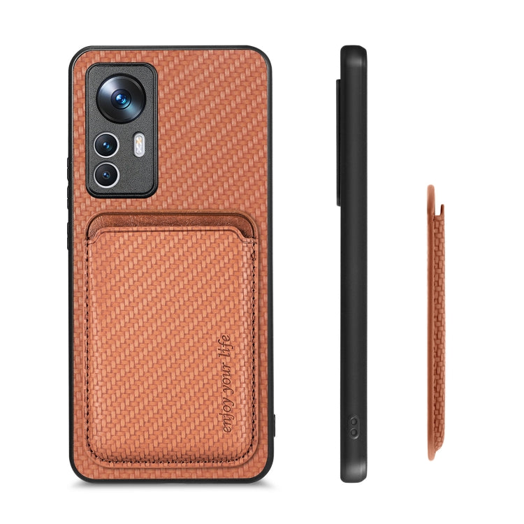 For Xiaomi 12T Carbon Fiber Leather Card Magsafe Phone Case(Brown) - Xiaomi Cases by buy2fix | Online Shopping UK | buy2fix