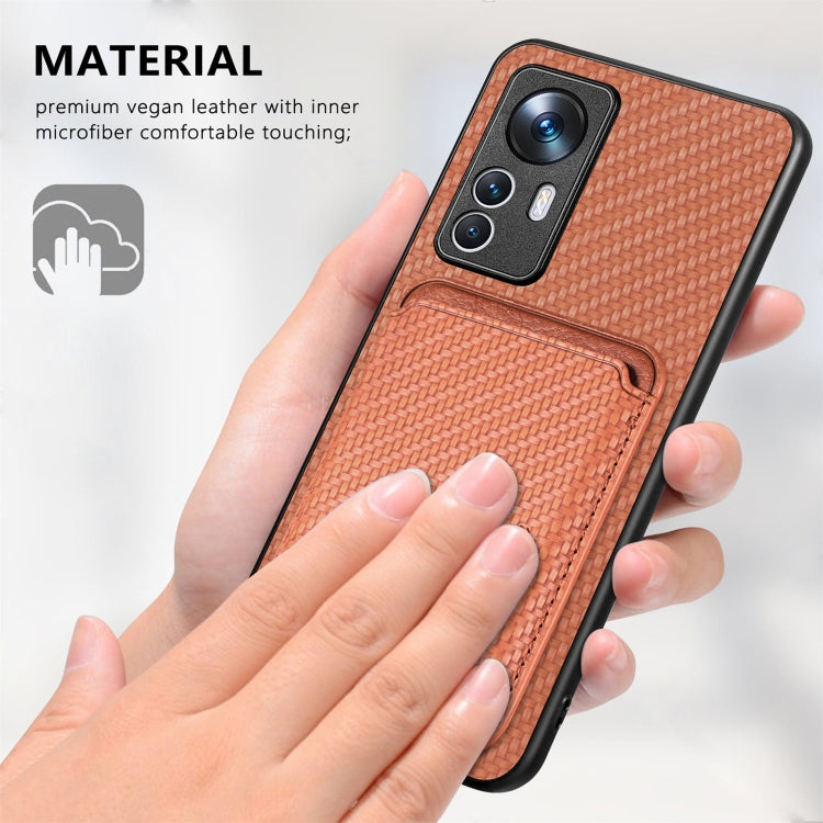 For Xiaomi 12T Carbon Fiber Leather Card Magsafe Phone Case(Khaki) - Xiaomi Cases by buy2fix | Online Shopping UK | buy2fix