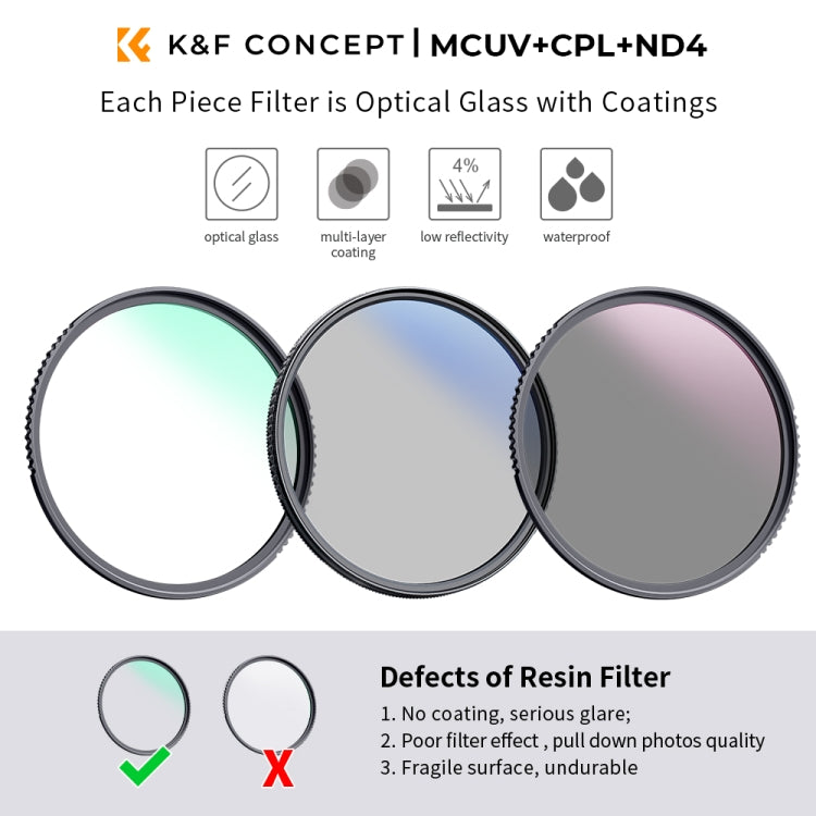 K&F CONCEPT SKU.1945 MCUV+CPL+ND4 Slim Lens Filter Kit  with Filter Pouch and Cleaning Cloths - Camera Accessories by K&F | Online Shopping UK | buy2fix