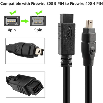 JUNSUNMAY FireWire High Speed Premium DV 800 9 Pin Male To FireWire 400 4 Pin Male IEEE 1394 Cable, Length:1.8m - 1394 Series by JUNSUNMAY | Online Shopping UK | buy2fix