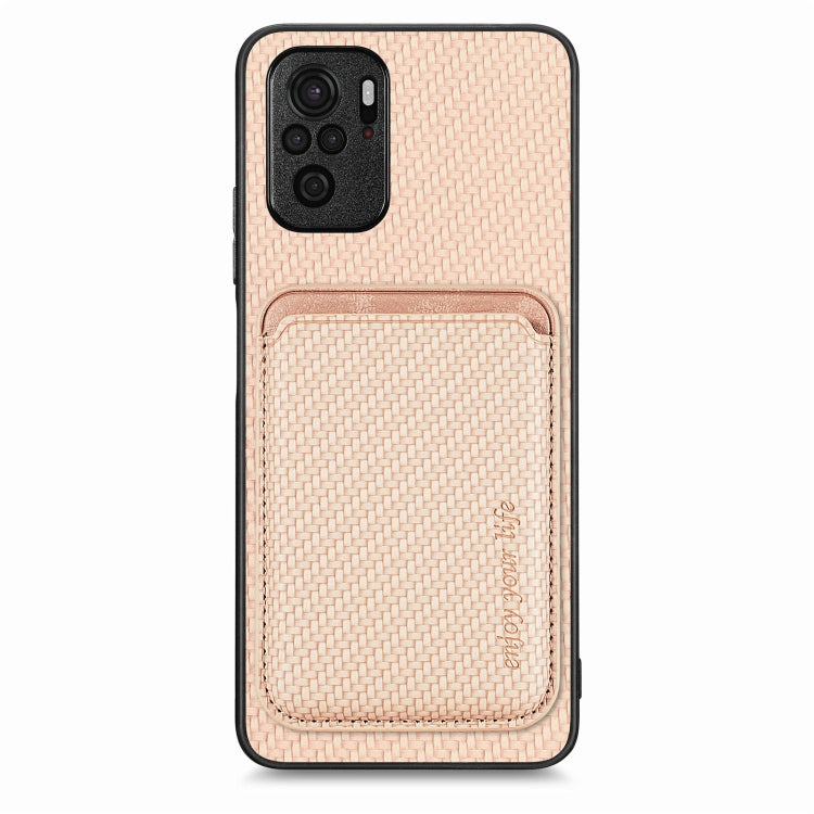 For Redmi Note 10 4G Carbon Fiber Leather Card Magsafe Phone Case(Khaki) - Xiaomi Cases by buy2fix | Online Shopping UK | buy2fix