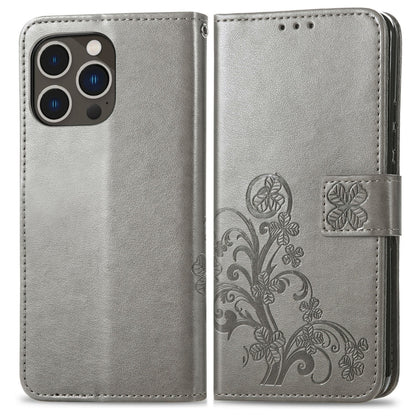 For iPhone 15 Pro Max Four-leaf Clasp Embossed Buckle Leather Phone Case(Gray) - iPhone 15 Pro Max Cases by buy2fix | Online Shopping UK | buy2fix