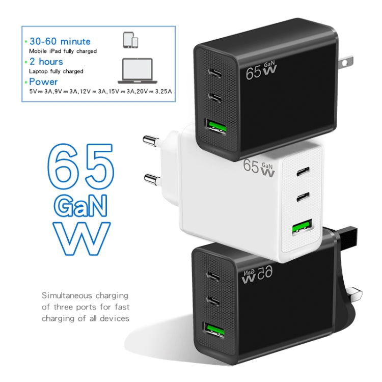 GaN PD65W Type-C x 2 + USB3.0 Charger with Type-C to Type-C Data Cable ,UK Plug(Black) - USB Charger by buy2fix | Online Shopping UK | buy2fix