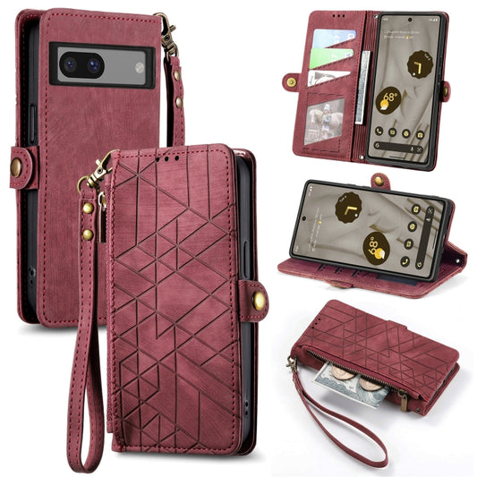 For Google Pixel 7 Pro Geometric Zipper Wallet Side Buckle Leather Phone Case(Red) - Google Cases by buy2fix | Online Shopping UK | buy2fix