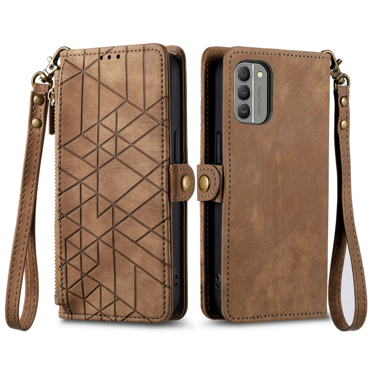 For Nokia C32 Geometric Zipper Wallet Side Buckle Leather Phone Case(Brown) - Nokia Cases by buy2fix | Online Shopping UK | buy2fix