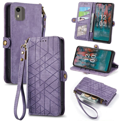 For Nokia C12 Geometric Zipper Wallet Side Buckle Leather Phone Case(Purple) - Nokia Cases by buy2fix | Online Shopping UK | buy2fix